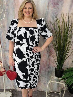 📌Christopher John Rogers Faux Wrap Midi Cotton Floral Dress Puffy Sleeves 28/30